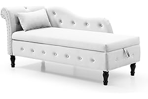 RARZOE Tufted Velvet Chaise Lounge Indoor with Storage, Upholstered Rolled Arm Chaise Lounges Indoor Chair, Right Arm Facing Chaise Lounge with Nailhead Trim for Living Room Bedroom Office,White