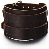 COOLSTEELANDBEYOND Wide Mens Leather Bracelet Genuine Brown Leather Bangle with Two Buckle Clasps
