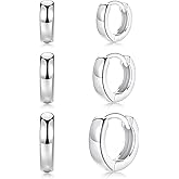 3 Pairs Small Hoop Earrings for Women Men, Sterling Silver Post Sleeper Cartilage Huggie Earring Set, 3mm in Width, Diameter in 8mm 10mm 12mm