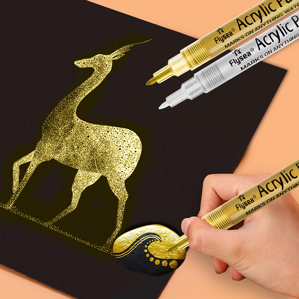 isightguard Acrylic Paint Pens,6 Pack Black White Paint Markers, Paint Pens for Rock Painting Stone Ceramic Glass Wood Plastic Glass Metal Canvas,Drawing, Water-Based Acrylic Paint Sets (Gold+Silver)