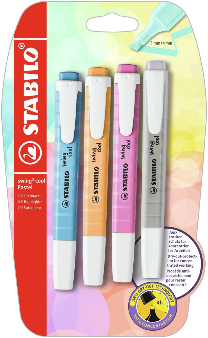 STABILO swing cool Pastel - Highlighter - Pack of 4 - Dusty Grey, Frozen Fuchsia, Breezy Blue, Pale Orange