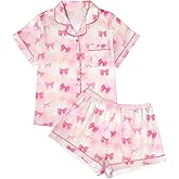 LUKYCILD Women Satin Pajama Set Bow Graphic Pajamas Short Sleeve Button Down Sleepwear 2 Piece Pjs Lounge Short Sets