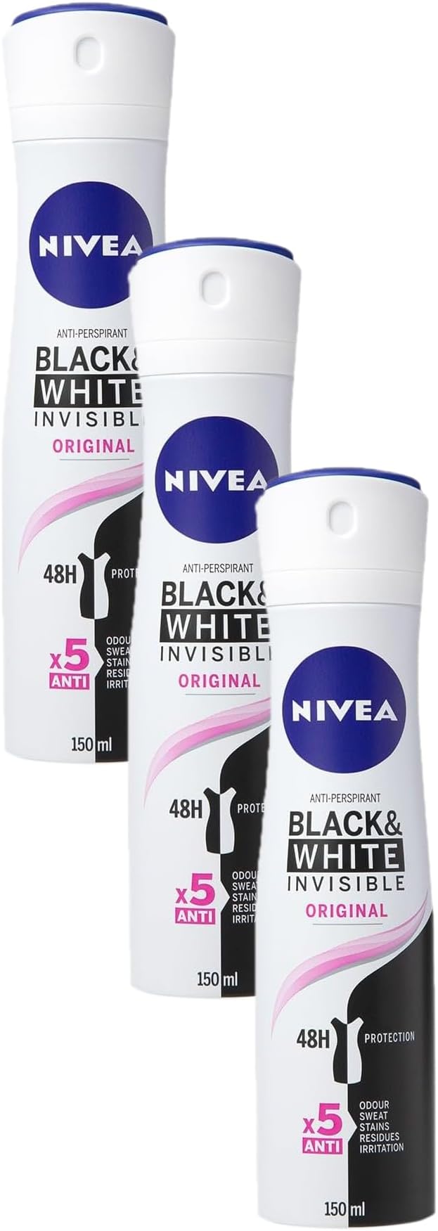 NIVEA Black & White Invisible Anti-Perspirant 150ml Pack of 3