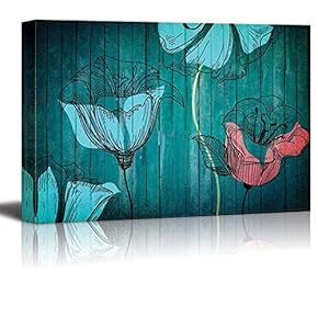 Illustration of Blue and Pink Flowers Over Teal Wooden Panels - Canvas Art Home Art - 12x18 inches