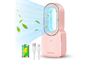 Misby Rechargeable Battery Operated Desk Fan, USB Bladeless Table Fan of 11.8 Inch with 5-color LED Light, Easy to Clean & Touch Control, Pink Desk Fans Small Quiet for Bedroom, Home, Office