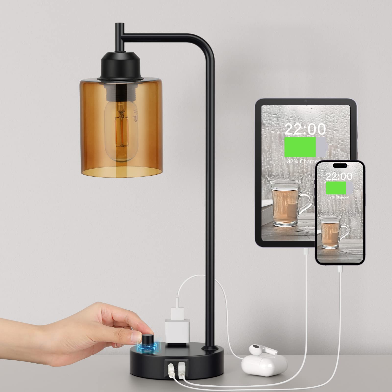 Photo 1 of Innqoo Industrial Small Desk Lamp for Nightstand - Amber Clear Glass Shade Table Lamp with USB C Port, Fully Dimmable Black Bedside Lamp with USB Port and Outlet, Bedroom Lamp for Reading Office