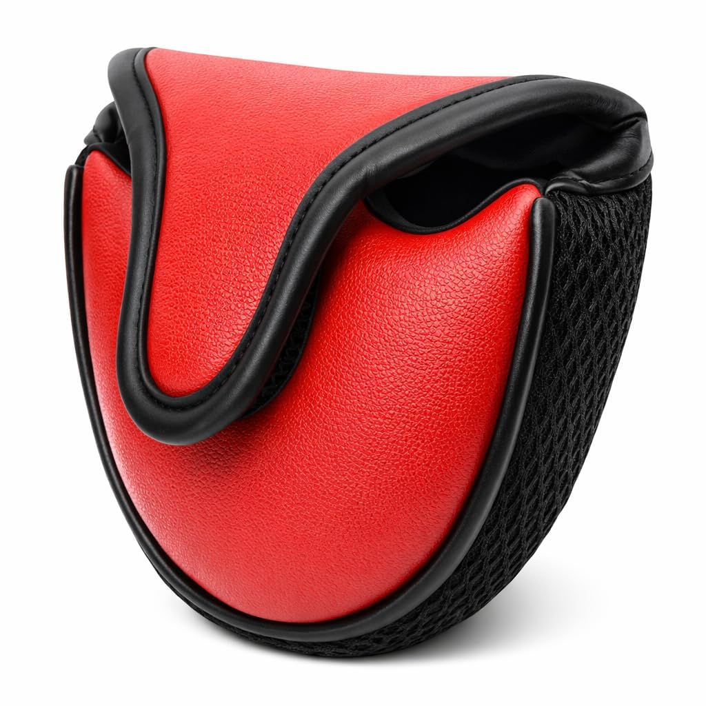 Fafeims Putter Headcover for Golf – Waterproof PU Leather & Nylon Mesh Guard, Red Semicircle Design, Fits Most Standard Putters, Durable Protection with Easy-Slide Fit