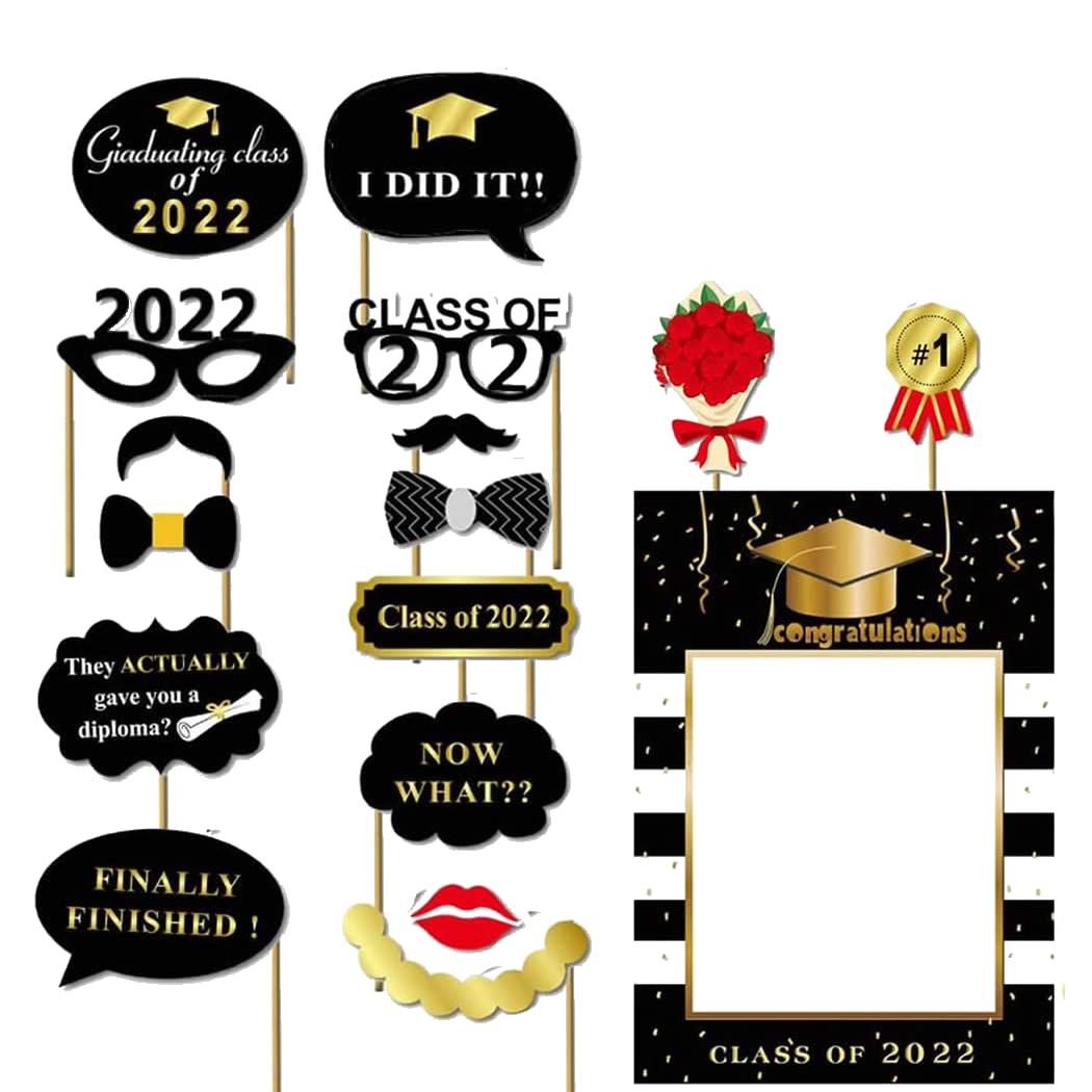 Dusenly 2022 Graduation Photo Frame Props with 16pcs Graduation Photo Booth Props Black Golden Glitter for 2022 Graduation Party Decorations
