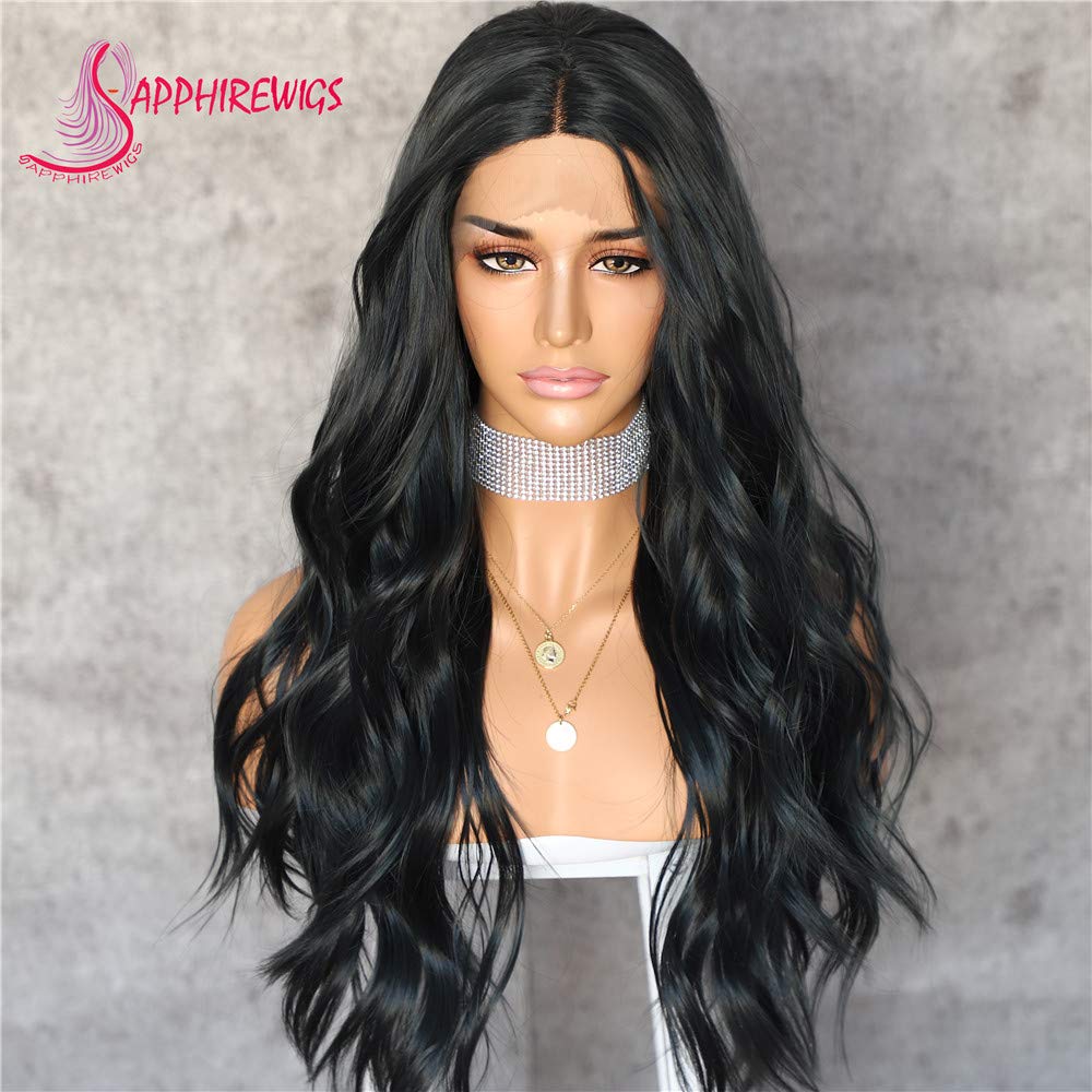 Sapphirewigs Atrovirens Dark Green Color Wavy Type Futura No-Tangle Glueless Women Party Daily Makeup Synthetic Lace Front Wigs