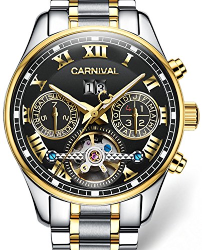 PASOY Carnival Men's Watch Automatic Mechanical Tourbillon Stainless Stell Date Black Dial Skeleton Watch