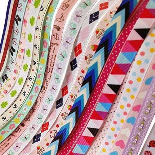Chenkou Craft 20Yards 3/8" (10mm) Sweet Heart Flower Dot Ladybug Cake Bird Anchor Butterfly Grosgrain Ribbon Assorted Color
