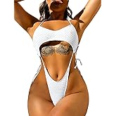 ChiaoLezhee One Piece Swimsuit, Sexy High Cut Monokini, Rave Outfits, Tan Through Swimwear Slingshot Cutout Thong Tie Bikini