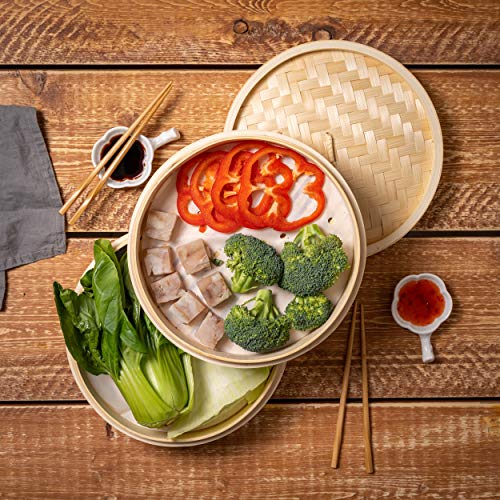Bamboo-Steamer-Basket-10-Inch-2-Tier-Steam-cooker-for-dim-sum-dumplings-bao-bun-rice-fish-vegetable-handmade-kitchen-cookware-for-steaming-Chinese-Thai-Korean-Asian-and-Global-healthy-food