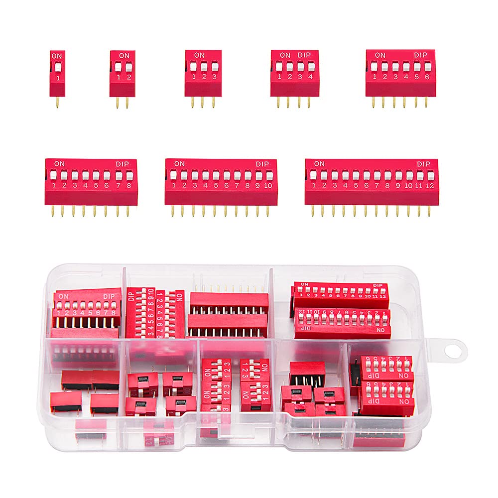VooGenzek 40 PCS 1 2 3 4 6 8 10 12 Pin Double Row Dip Switch, 2.54mm On Off Slide Type Switch, for Circuit Breadboards PCB (Red)
