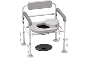 SEATYUPRO Adjustable Medical Bedside Commode Chair with Padded Backrest, Height Adjustable, Drop Arm Support