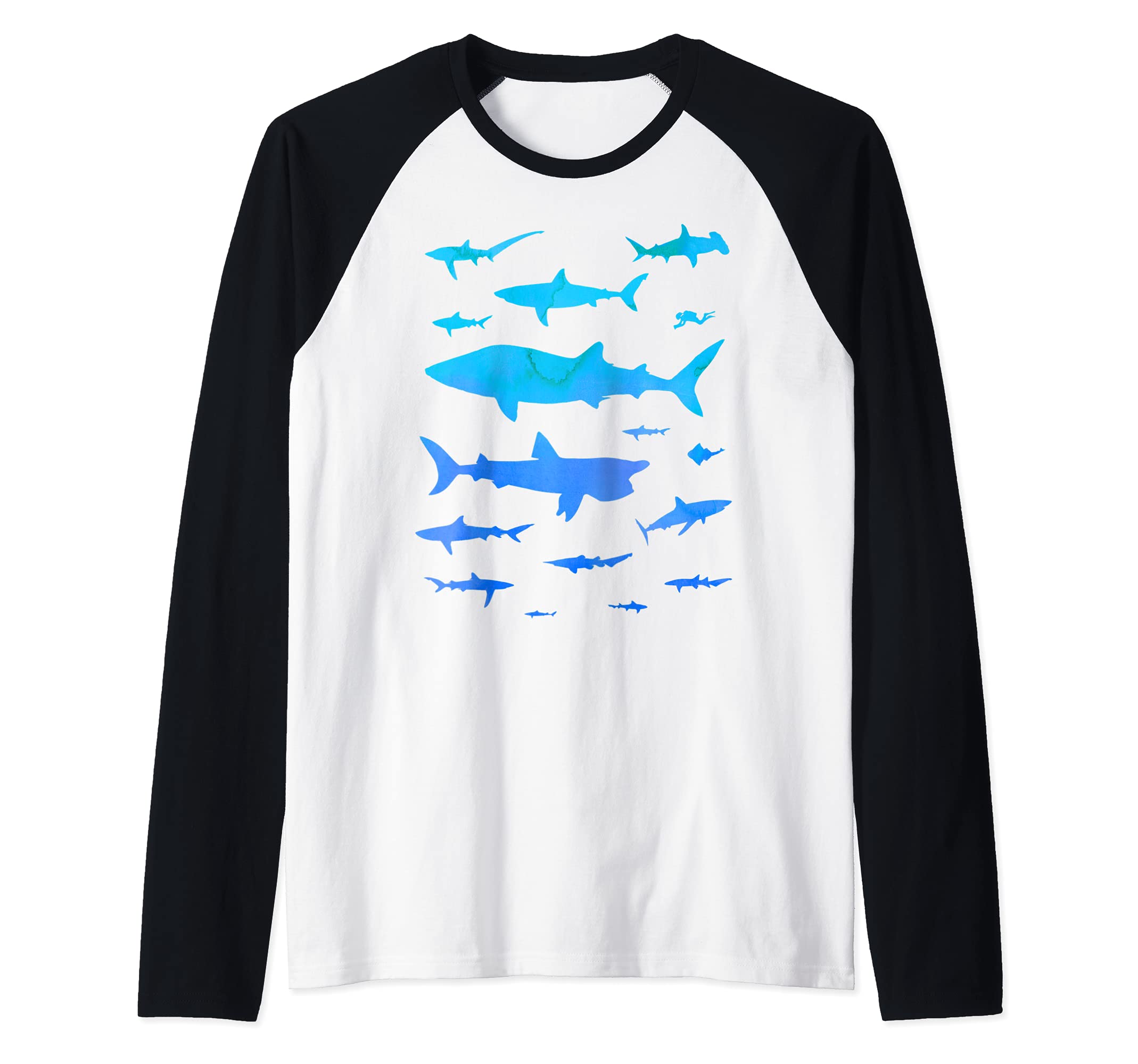 Watercolor Effect 15 Kinds of Sharks - Marine Biology Shark Raglan Baseball Tee
