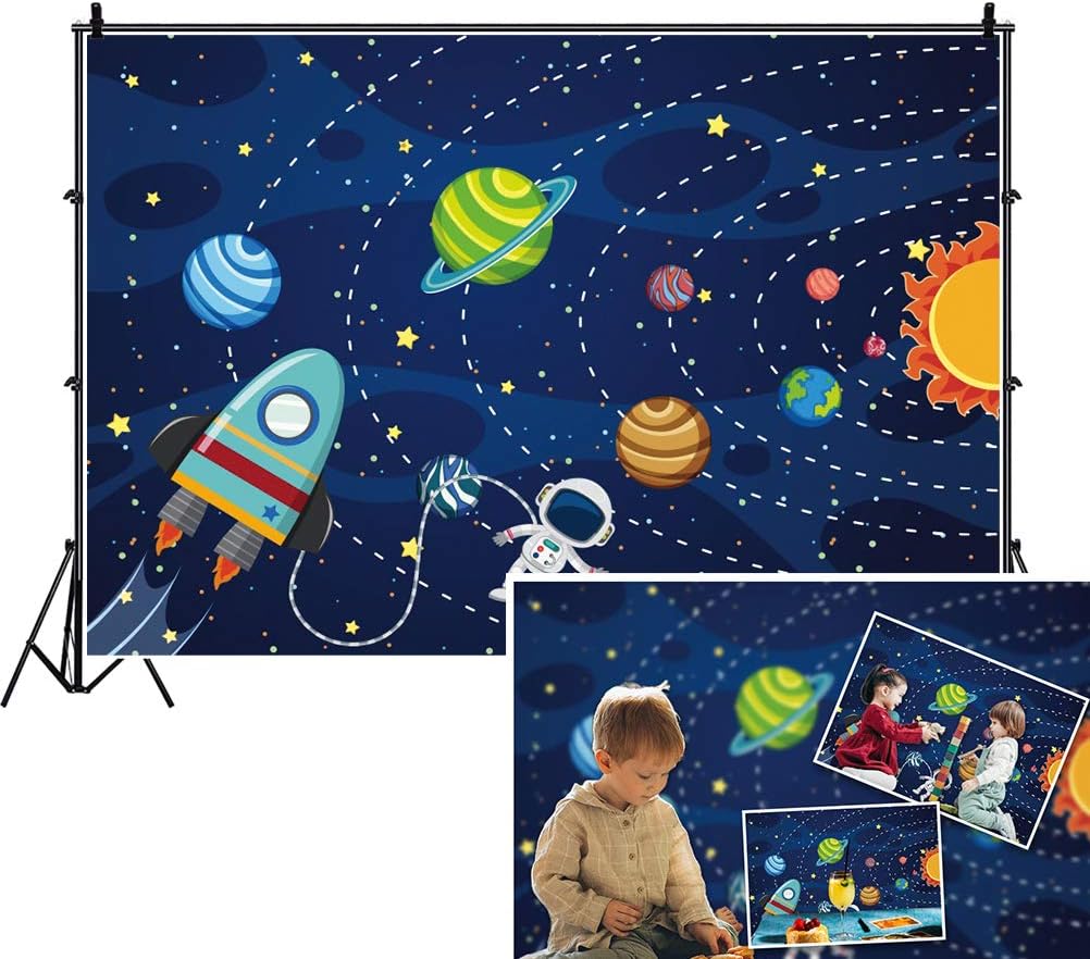 DASHAN 5x3ft Polyester Space Planet Galaxy Backdrop Birthday Cake Smash Rocket Universe Birthday Galaxy Baby Shower Cosmic Astrounaut Photography Background Space Adventure Stars YouTube Photo Props
