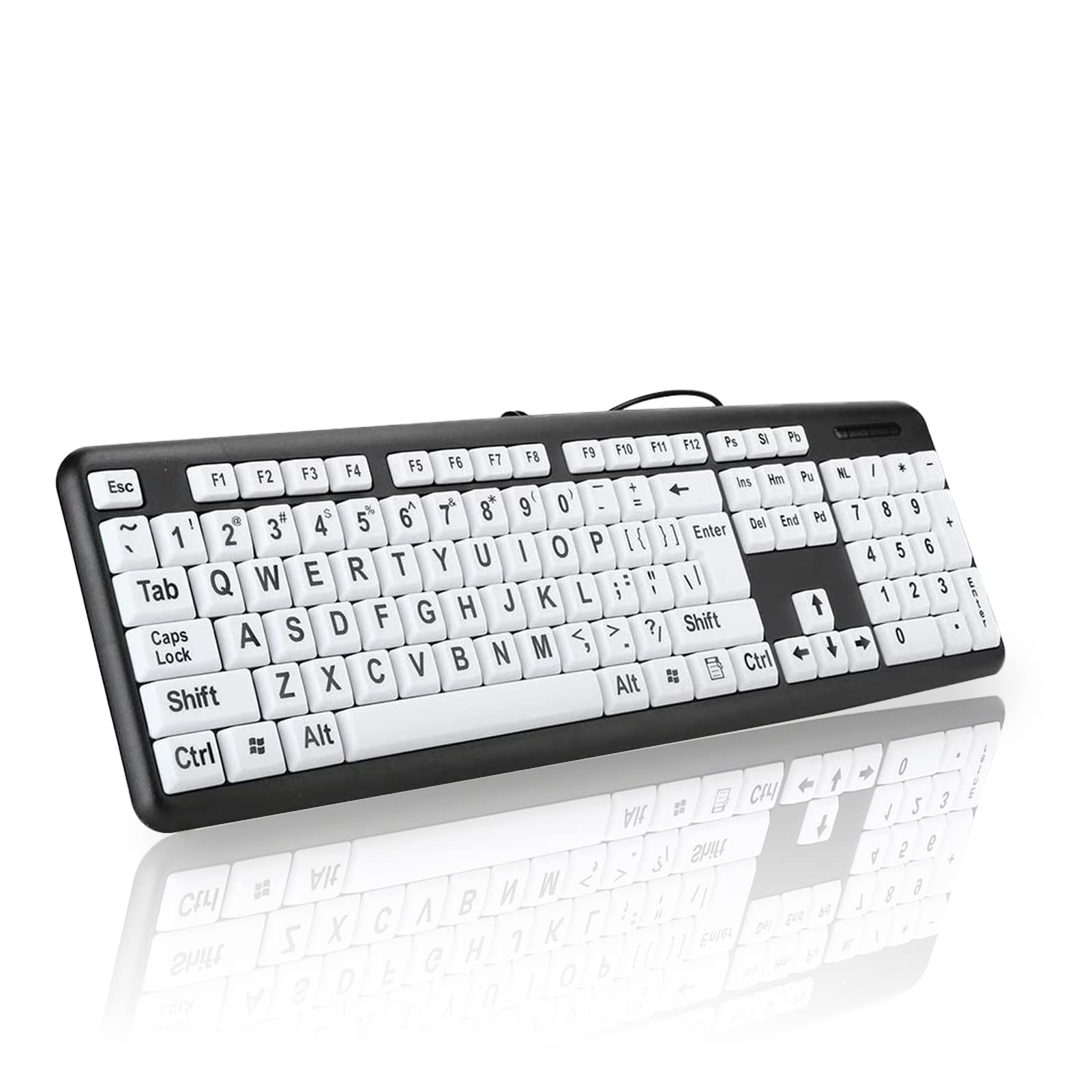 Sutinna Large Print USB Keyboard, 104 keys, High Contrast Black and White, Plug and Play, Sturdy for Seniors or Beginners