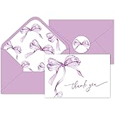 Whaline 24Pcs Purple Bow Thank You Cards with Envelopes and Stickers Watercolor Bow Lavender Greeting Card Purple Blank Note Card for Wedding Party Supplies