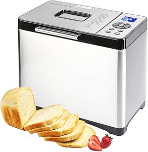 Secura Bread Maker Machine 2.2lb Stainless Steel Toaster Makers 650W Multi-Use Programmable 19 Menu Settings for Home Bakery (Silver)