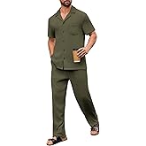 Mens Two Piece Summer Outfit Short Sleeve Ribbed Shirt and Pants with Pockets Loungewear Beachwear Sleepwear