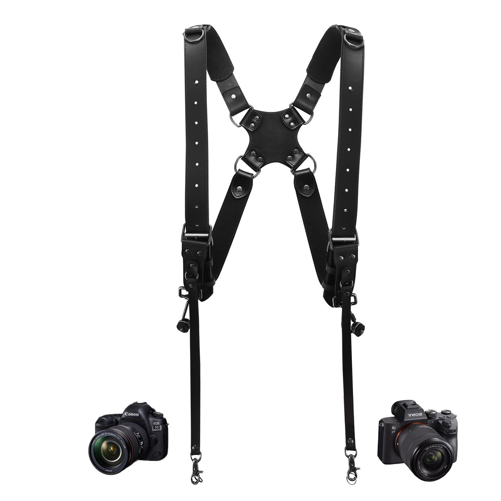 Camera Harness,Dual Shoulder Leather Camera Strap for 2 Cameras,Dual Shoulder Full Grain Leather Harness,Multi Double Camera Gear for DSLR/SLR,Double Camera Harness for Photographers,Small Size,Black
