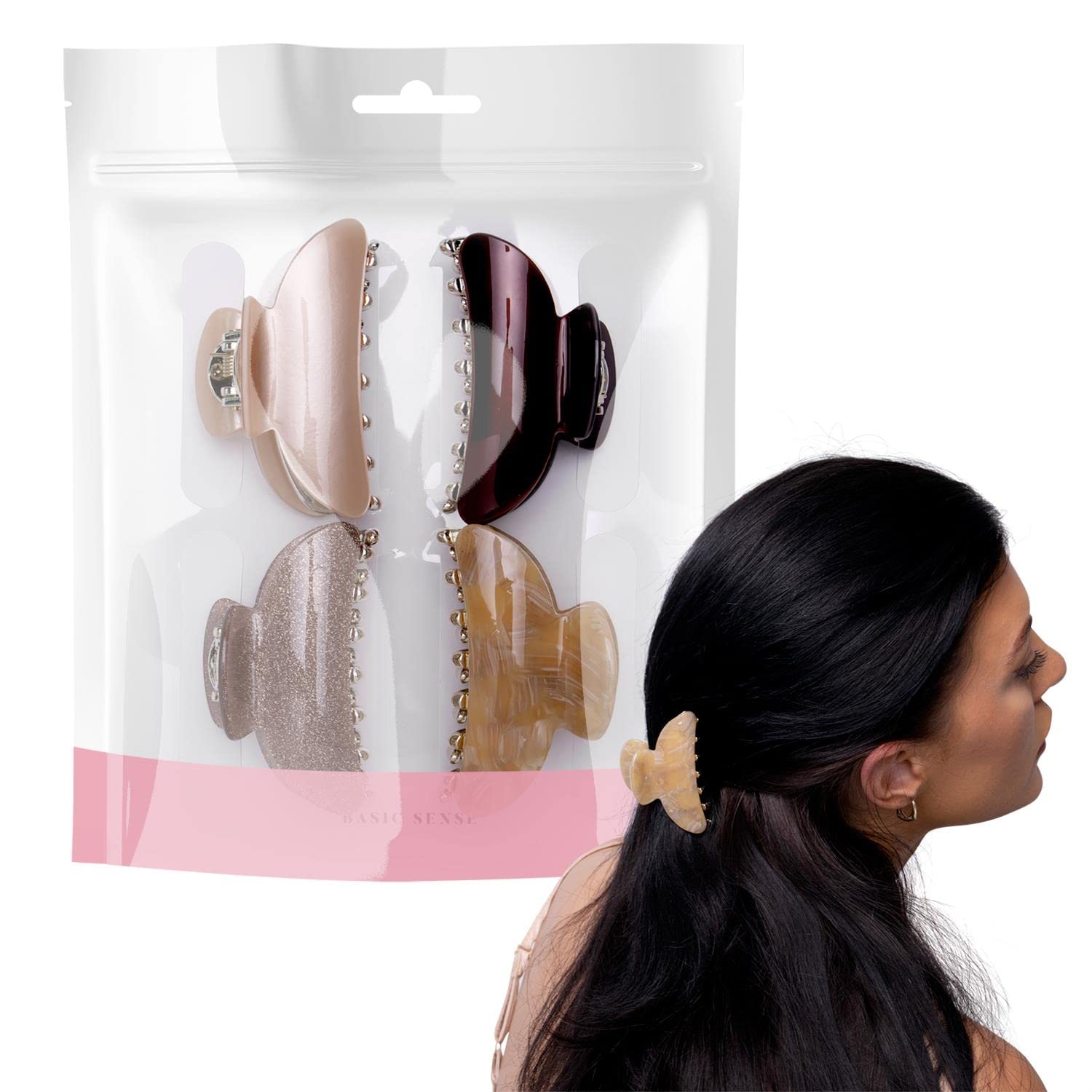 BasicSense 4PCS Hair Claw Set Sturdy Glitter Marble Clamp Clips Set for Women Girls Medium hair grips, Brown Assortment