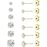 6 Pairs 14K Cubic Zirconia Stud Earrings for Women Men 20G Screw Flat Back Earrings 316L Stainless Steel Cartilage Earrings Hypoallergenic Men Earrings