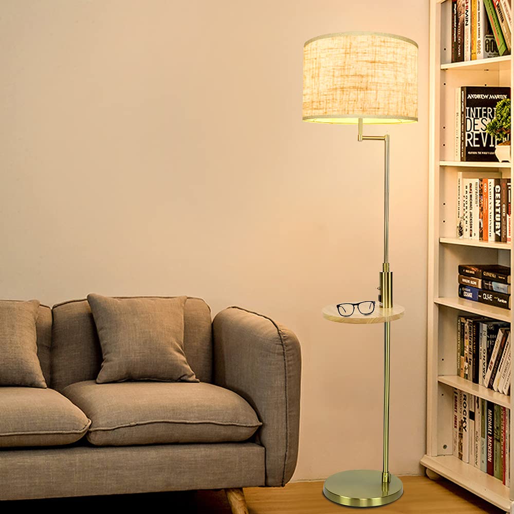 Depuley Modern Golden Wooden Storage Shelf Lamp Floor, 3000K, USB Port Standing Reading Lamp, Eye Care Golden Living Room Floor Lamp for Living Rooms, Bedrooms, Office(9W E27 Bulb Included) — image 1