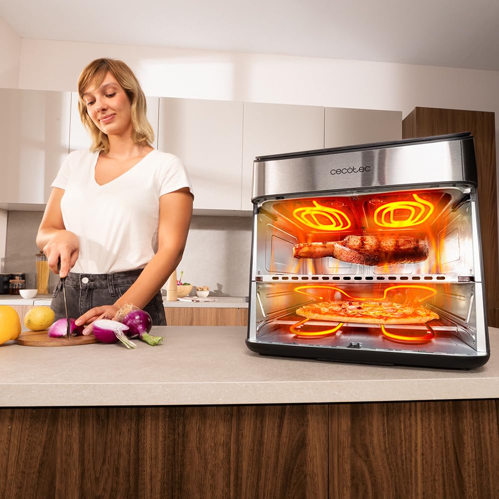 Cecotec Cecofry FoodCourt 18000 4Pizza Air Fryer 18 l Air Fryer 18000 4Pizza 2700 W, Backofen 30 cm, Temperatur max. 230 °C, 9 l Trennwand und 200 °C, Sync-Funktion, Pizzastein, Farbdisplay, Edelstahl 6