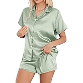 DingCo Satin Pajamas for Women Solid Color, Silky PJs Set with Notch Neck & Adjustable Drawstring Shorts