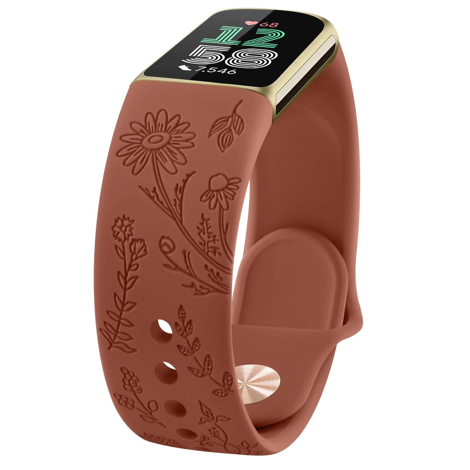Tobfit Flower Pattern Strap compatible for Fitbit Charge 6 / Charge 5 Strap for Women Men, Adjustable Silicone Replacement Band (Brown)