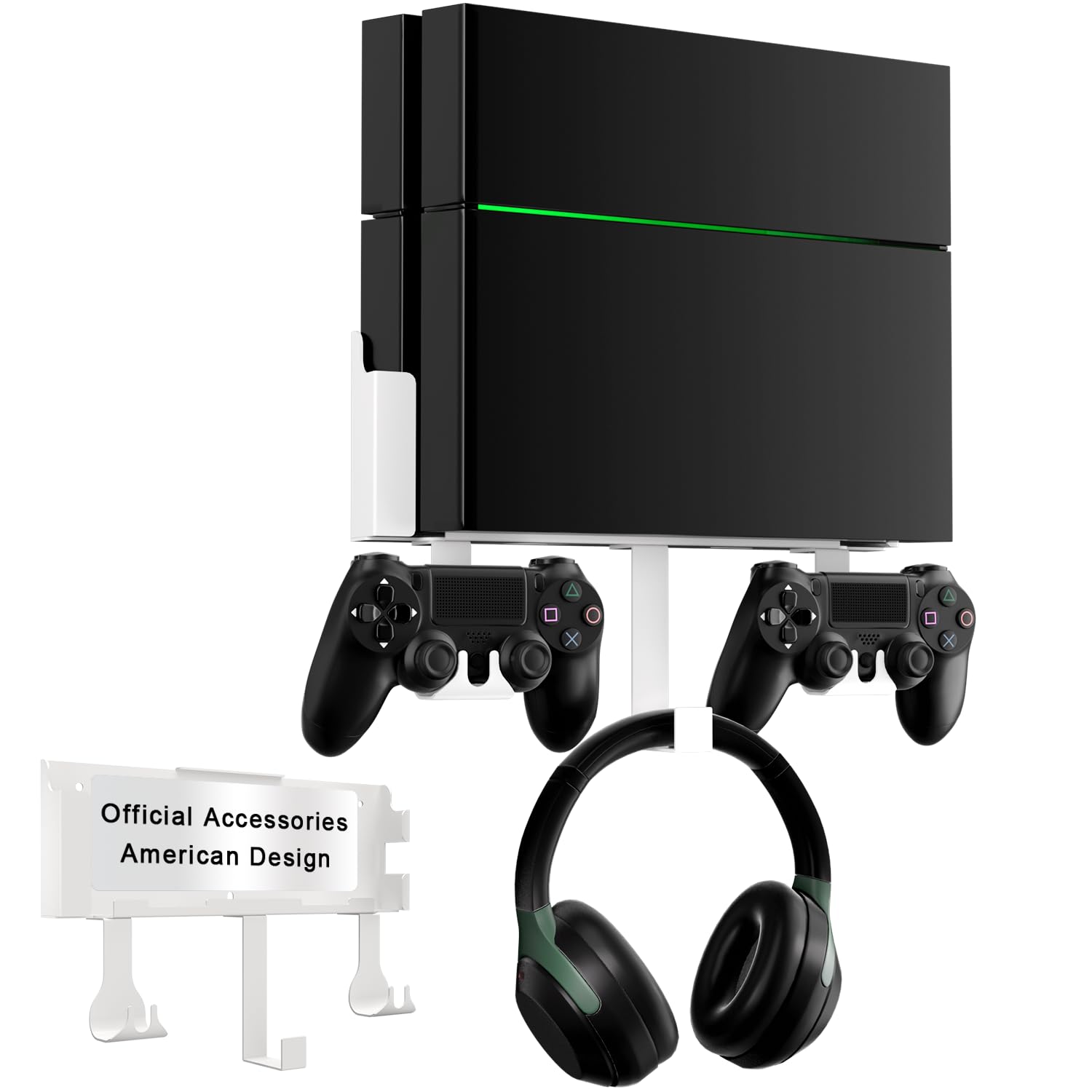 Wall Mount Kit with Detachable 2 Controller Holder & Headphone Hanger, Mount On The Wall Or On The Back Of The TV, Wall Mount Compatible with PS4, White