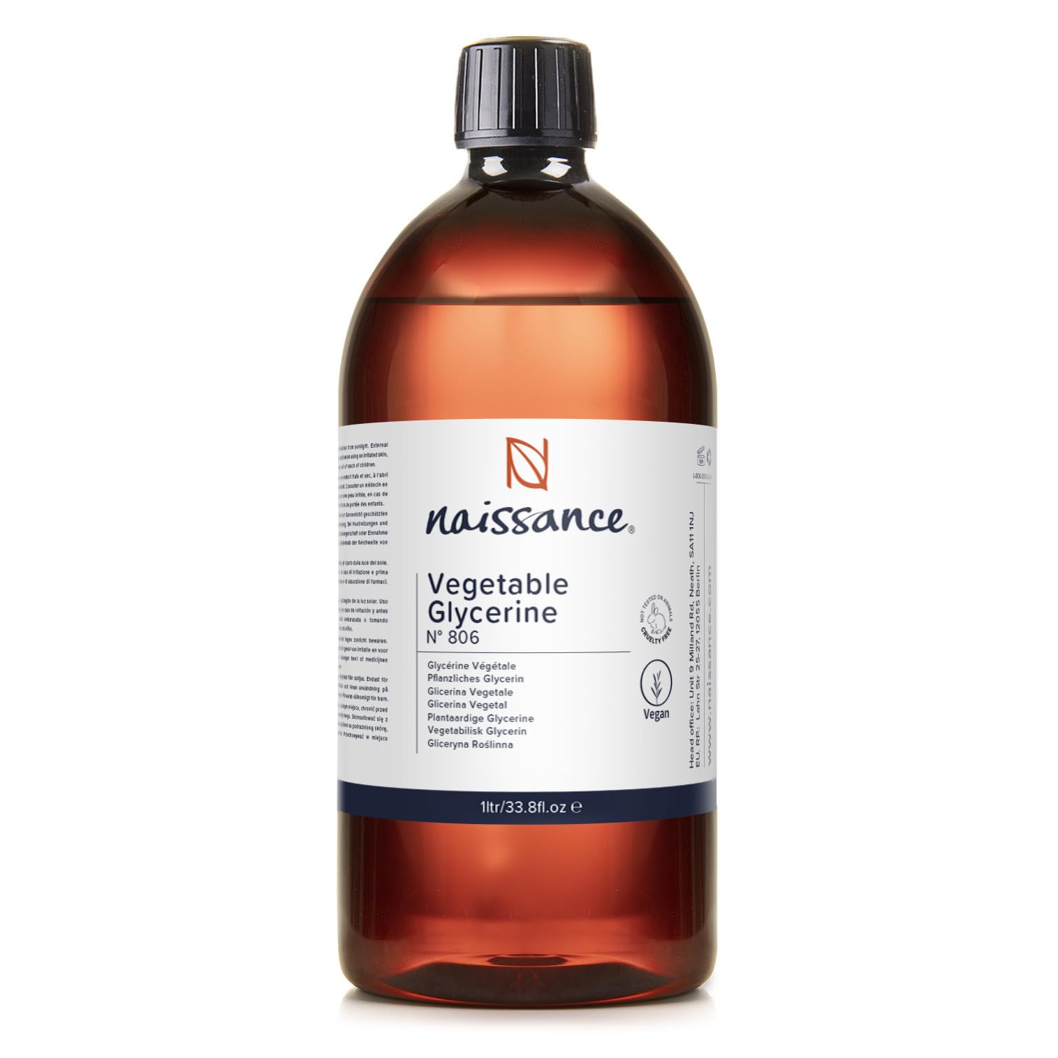 Naissance Vegetable Glycerine (Glycerol) Liquid (no. 806) 1 Litre - 100% Pure & Natural Glycerin, Premium EP/BP/USP Pharmaceutical Grade, Natural Humectant, Fragrance Free