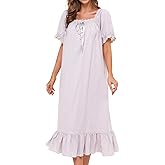 Lu's Chic Women's Victorian Nightgown Cotton Sleepwear Long Loungewear Short Sleeve Vintage