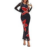 ZESICA Women's Long Sleeve Floral Maxi Dresses 2026 Fall Bodycon Crewneck Side Slit Ruched Fitted Party Long Dress