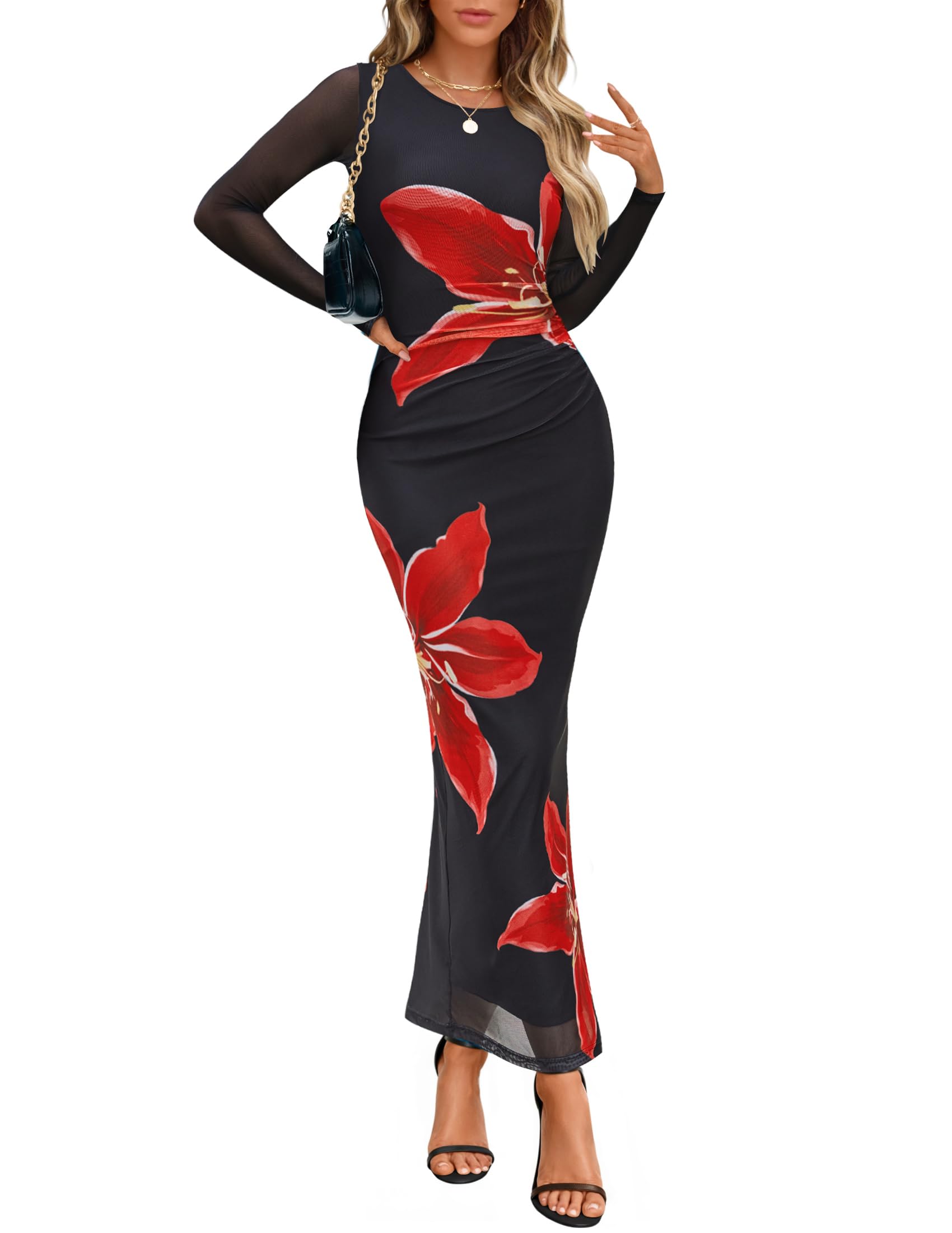 Photo 1 of ZESICA Women's Long Sleeve Floral Maxi Dresses 2025 Fall Bodycon Crewneck Side Slit Ruched Fitted Party Long Dress,Black,Medium