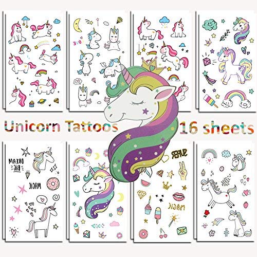 Vindyeer Unicorn Temporary Tattoos for Kids Birthday Party, Waterproof Unicorn Tattoo Stencil Unicorn Party Supplies 16 Sheets, 288 Tattoos