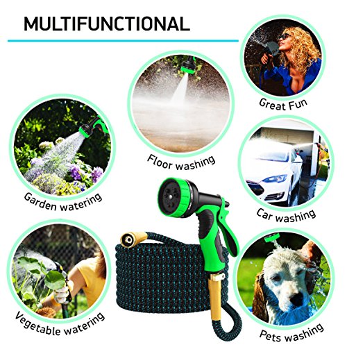 [NEW 2018] Expandable Garden Hose 50Ft Extra Strong – Brass Connectors with Protectors 100% No-Rust & Leak, 9-Way Spray Nozzle - Best Water Hose for Pocket Use - 100% Flexible Expanding up to 50 ft - Thumbnail 6