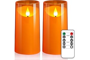 NURADA Flameless Candles: 3D Wick Unbreakable Acrylic Battery Operated LED Pillar Candles - Battery Candles with Remote and Timer for Fall Halloween Decorations Orange