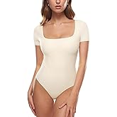 INLYRIC Women's Inbarely Square Neck Short Sleeve Bodysuit Double Lined Bodysuits Tank Tops