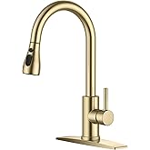 FORIOUS Gold Kitchen Faucet with Pull Down Sprayer, High Arc Single Handle Classic Stainless Steel Sink Faucet 1 or 3 Hole, Suitable for Farmhouse Camper Laundry Rv Bar