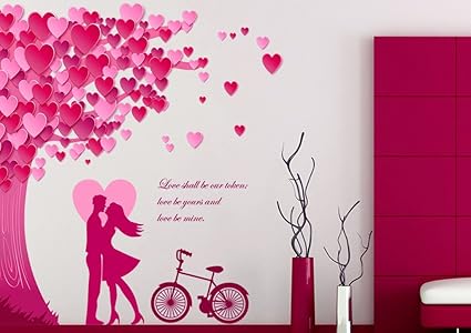 Decals Design Romantic Couple Under the Heart Leaves Tree and Love Quote with Bicycle Wall Sticker (PVC Vinyl, 90 cm x 60 cm, Multicolour)