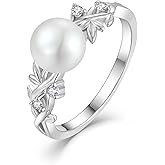 RGEMCY Pearl Leaf-Shaped Ring, specially designed for women, 925 sterling silver pearl ring, freshwater pearl ring, suitable for weddings, engagements, and anniversaries