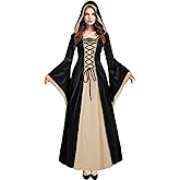 Oiefeen Women's Medieval Renaissance Clothing Hooded Velvet Queen Dress Long Dress Halloween Costume