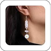Erimberate Bohemian Pearl Daisy Dangle Earrings Gold Baroque Pearl Drop Earrings Long Enamel Sunflower Earrings Retro Irregular Pearl Hook Earrings Jewelry for Women