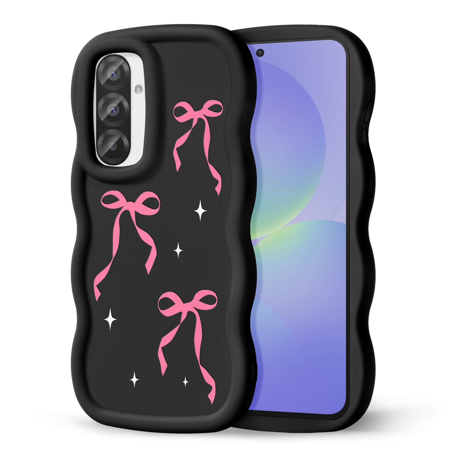 CASBST Compatible with Galaxy A36 5G Phone Case for Women Girls, Curly Wavy Frame with Cute Pattern, Aesthetic Slim Soft Silicone TPU Bumper Shockproof Phone Case for Samsung A36 - Bow Sparkle