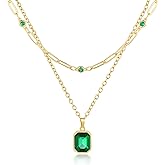 Lourny Gold Layered Crystal Necklace for Women, 18K Gold Plated Choker Emerald Green Dainty Chain Trendy Statement Necklace Jewelry for Women Gifts