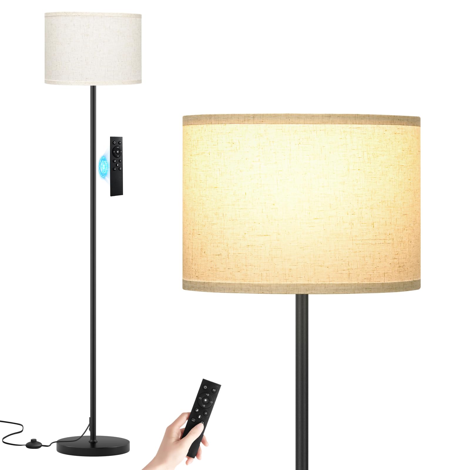 Ambimall 60'' Modern Floor Lamp with Remote, Tall Lamps for Living Room, Bedroom, Office, Dining Room, Beige Shade with Black Pole(Included Bulb) Image