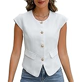 Ladyful Womens Sleeveless Blazer Vest Top Casual Cap Sleeve Tweed Suit Vest Metal Button Business Work Waistcoat